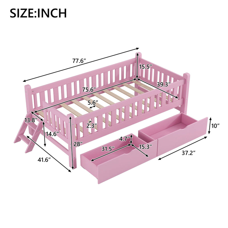 Platform Bed With Guardrail And 2 Drawers