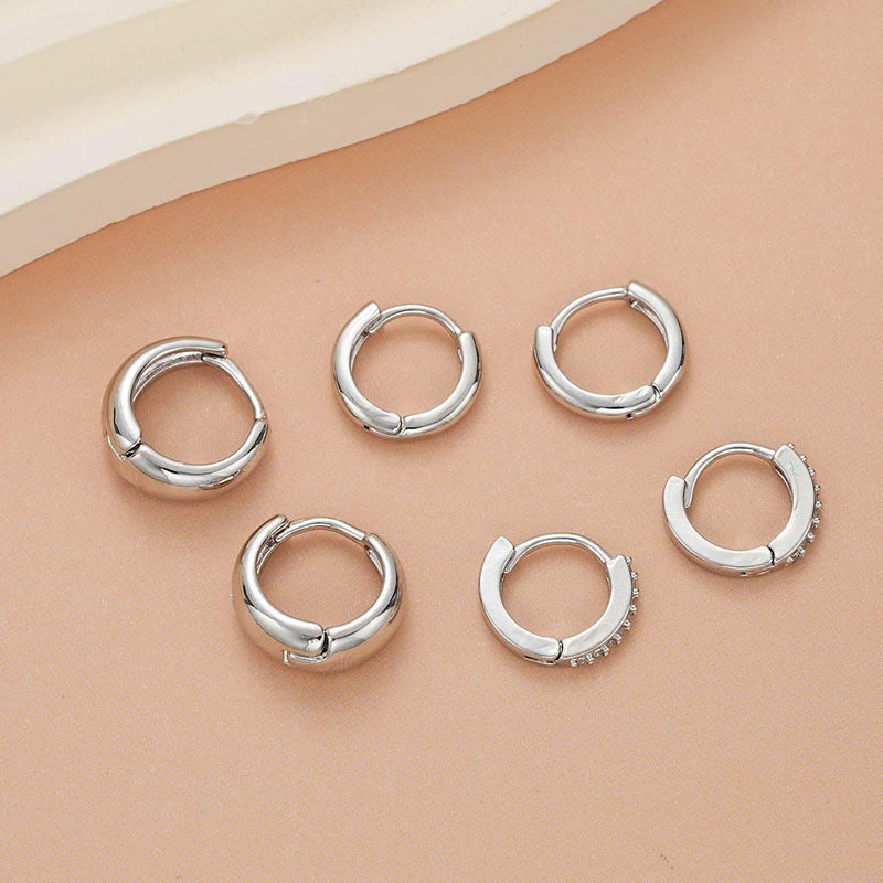 Stacking 3 Pieces Small Hoop Huggie Earrings Set for Women, Silver Stud Earrings for Multiple Piercing Hypoallergenic Trendy Jewelry, Dainty Jackets Cartilage Cubic Zircon Earrings for Women's Gifts