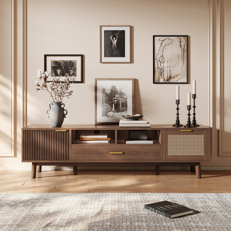 TV Stand For 75" TVs With Soft Closing Doors, Console With Accents And Drop Down Cabinet - Dark Brown