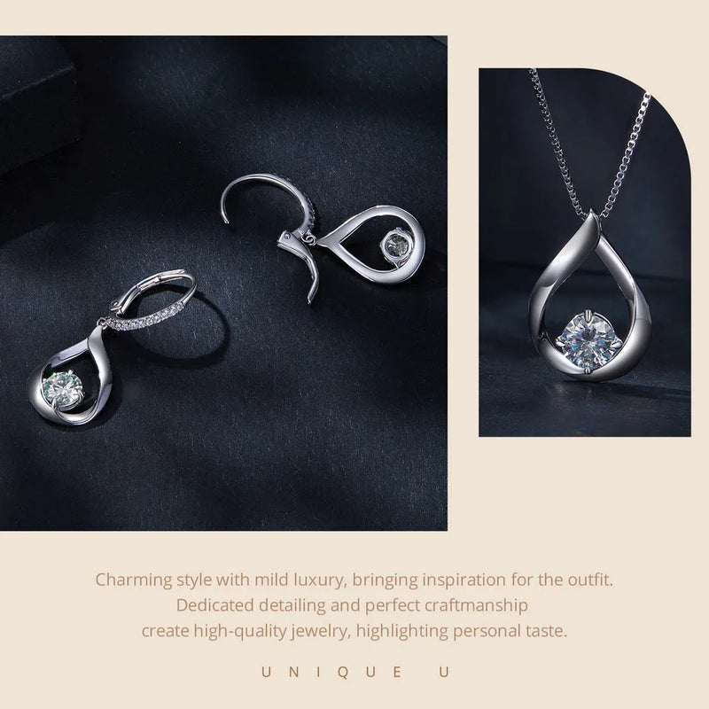 1CT Moissanite Waterdrop Necklace And Drop Earrings 925 Sterling Silver Wedding Bridal Jewelry Set