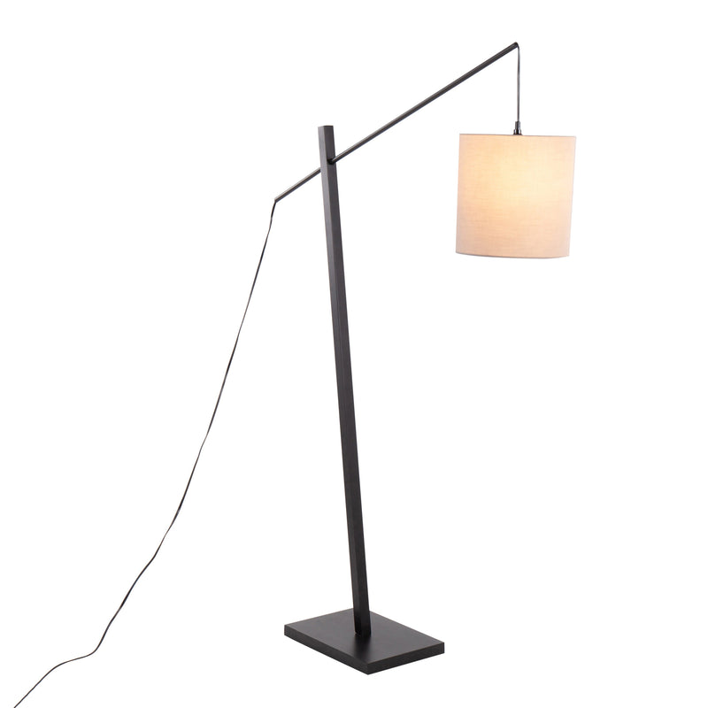 Arturo Contemporary Floor Lamp in Black Wood and Black Steel with Grey Fabric Shade