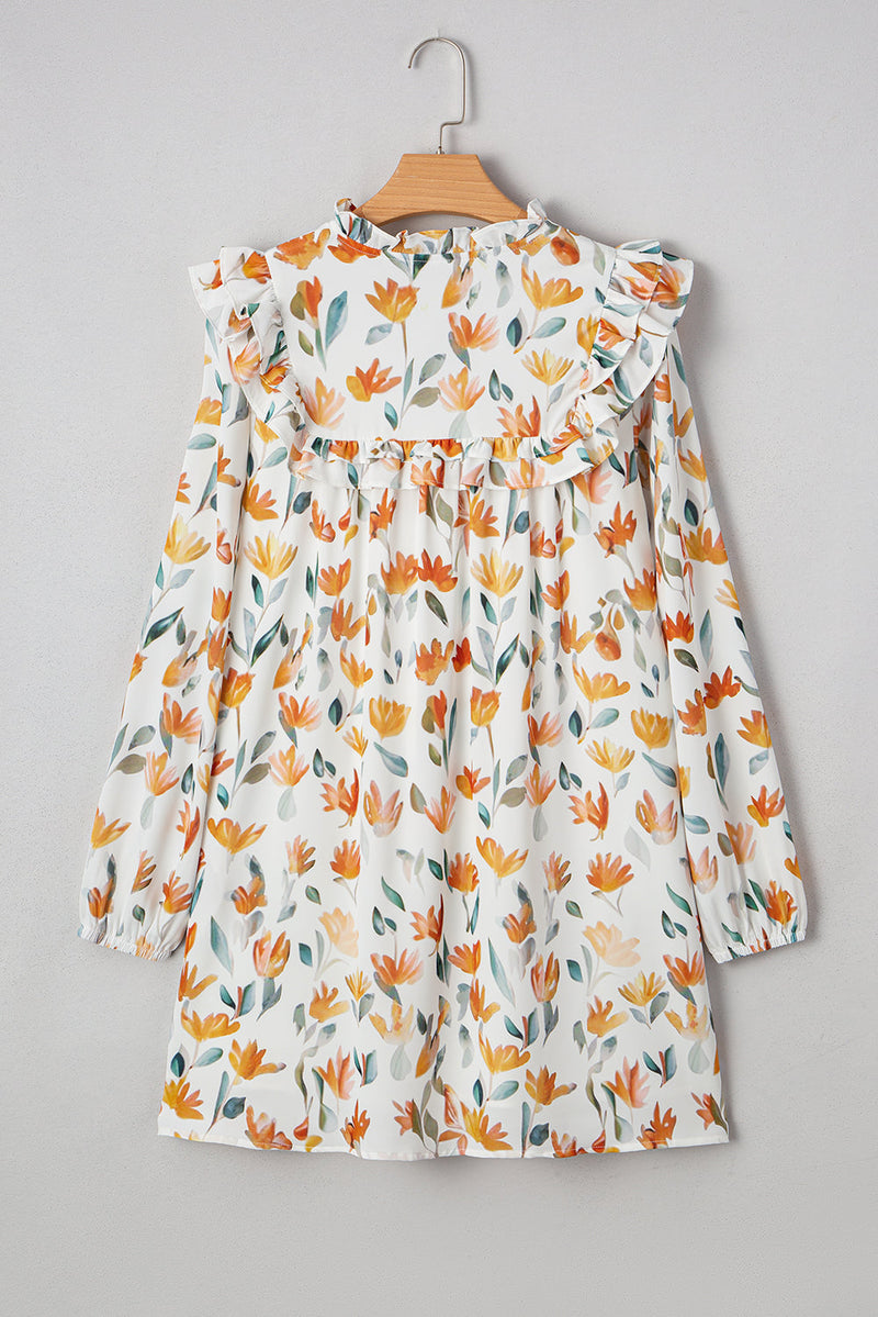 Katherine Floral Tie Neck Frilled Long Sleeve Dress