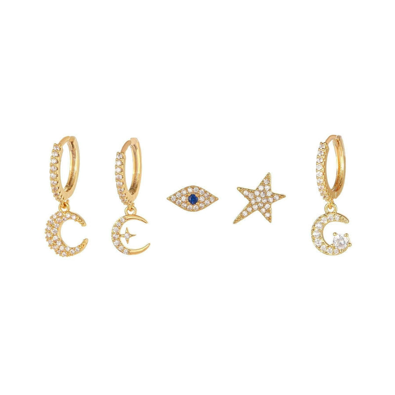 Stacking 5 Pieces Mystic Moon & Evil Eye Earring Set, 18k Gold Hoop Drop, S925 Needle, Stacked Lobe Designs with Dazzling Zirconia