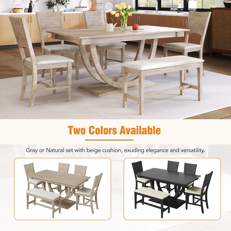 TOPMAX Modern Style Natural Wood 6-Piece Dining Table Set with Bench and Chairs, Upholstered Seats, Rubberwood Frame