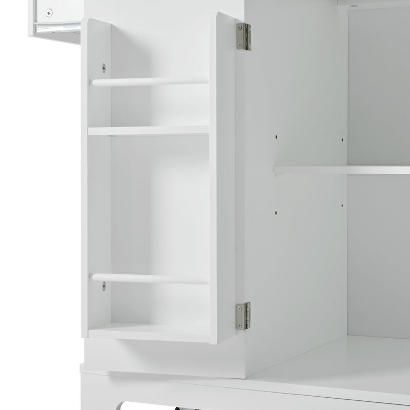 K&K Fluted Kitchen Island with Trash Can Storage Cabinet, Power Outlet, Internal Storage Rack, Rolling Kitchen Islands on 5 Wheels with 3 Drawer, 3 Open Side Racks for 10 Gallon Garbage Bin, White