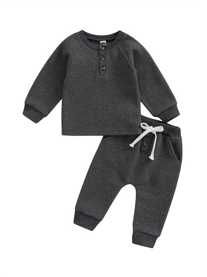 Toddler Thicken Waffle Clothes Set Boy Girls Buttons Round
