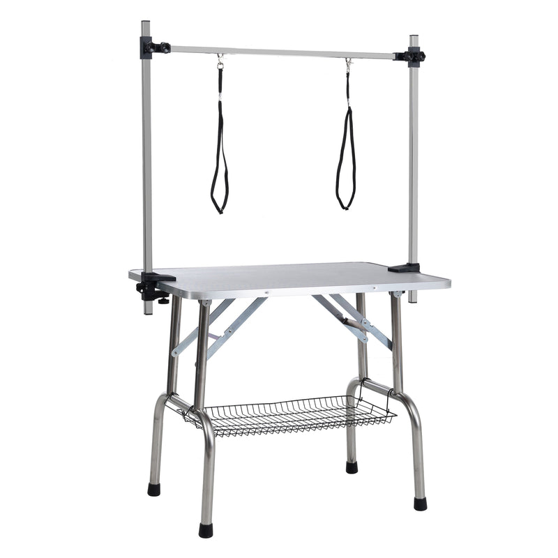 46' Folding Dog Pet Grooming Table Stainless Steel Frame Rubber Mat on Board with Adjustable Arm and Clamps pet dog Cat Grooming Table (SILVER-GRAY COLOR)