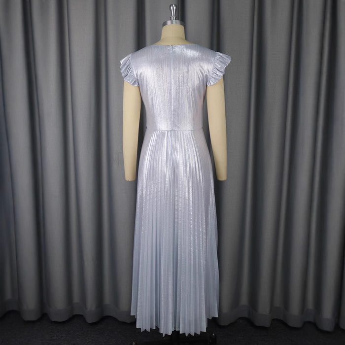 High Waist Crimp Elegant 5 New Style Silver V-neck Dress