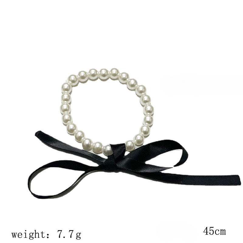 White Imitation Pearl Choker Necklace Women Long Black Ribbon