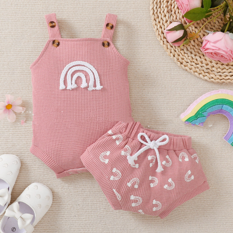 Rainbow Element Waffle Sleeveless Top And Shorts Set