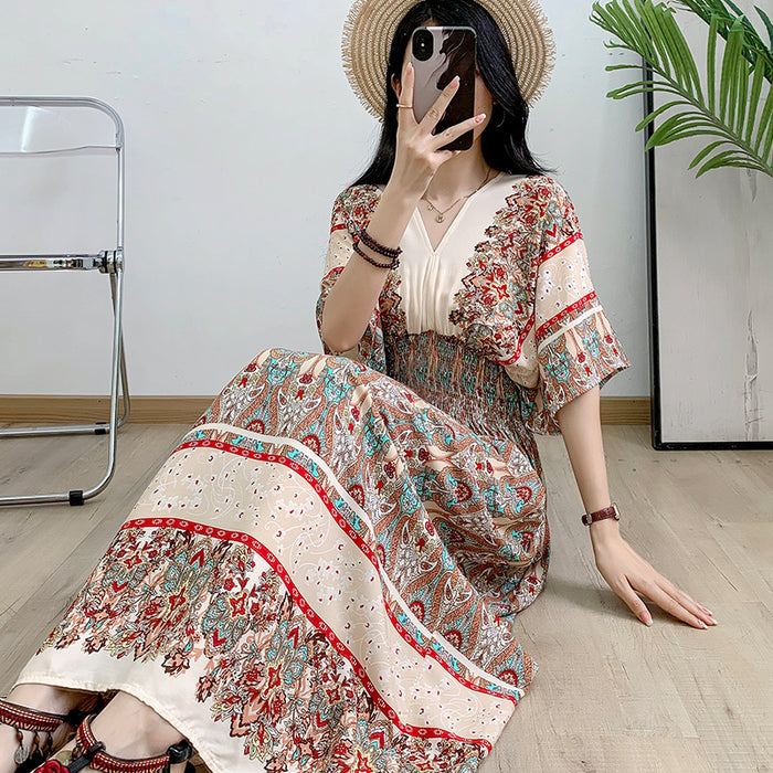 Ethnic Style V-neck Cotton Silk Short Sleeve French Thai Style