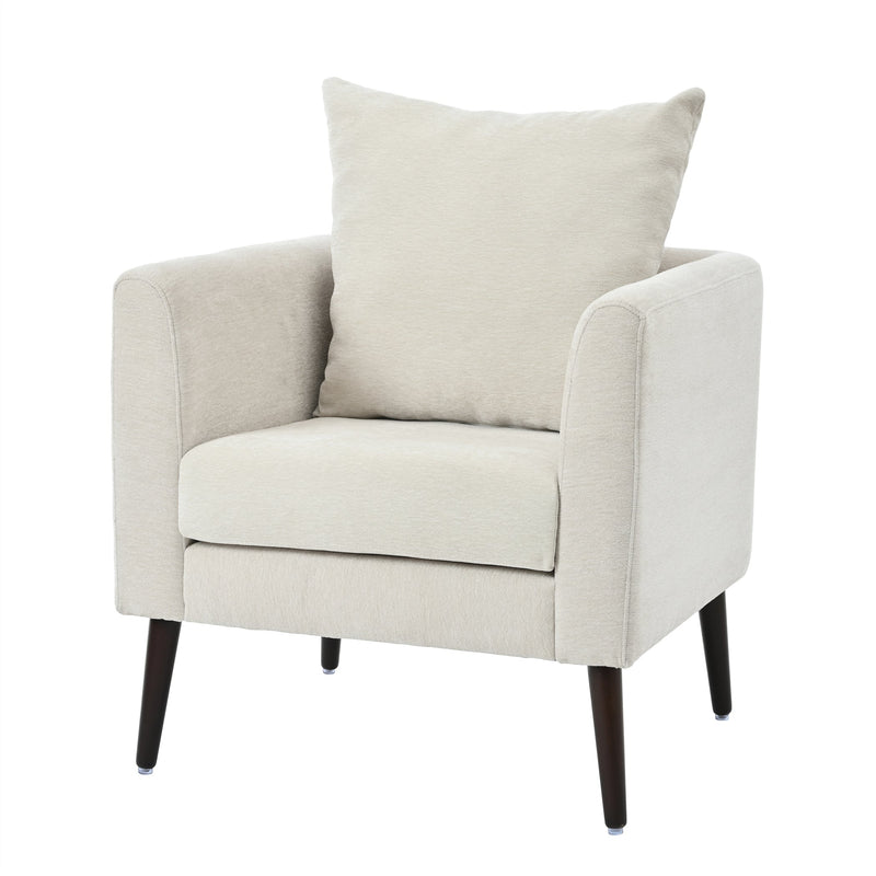 Modern Chenille Accent Chair, Upholstered Armchair for Living Room, Mid Century Fabric Lounge Chair w/Pillow, Comfortable Reading Chair with Wood Legs for Living Room, Bedroom, Reception Room (Beige)