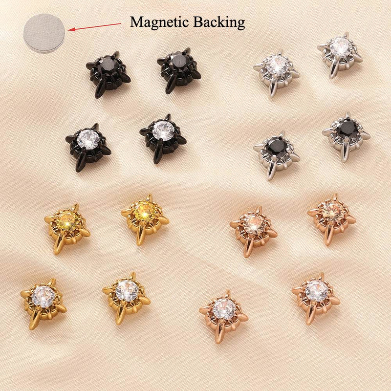 Multicolor Stainless Steel Magnetic 4-Pointed Star CZ Stud Earrings for Men Women, Round Cubic Zirconia Inlaid Magnetic Earrings Non-Piercing Clip On Stud Earring