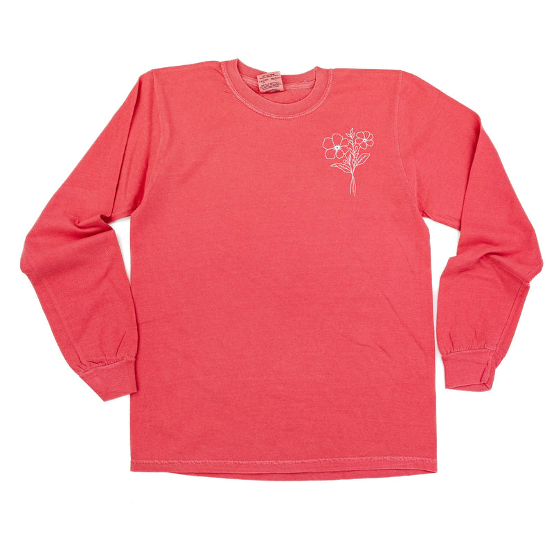 Embroidered LONG SLEEVE Comfort Colors Tee - 1 Birth Flower w/ White Thread (pocket)