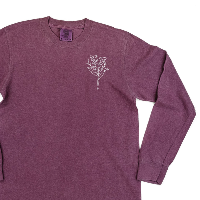 Embroidered LONG SLEEVE Comfort Colors Tee - 1 Birth Flower w/ White Thread (pocket)