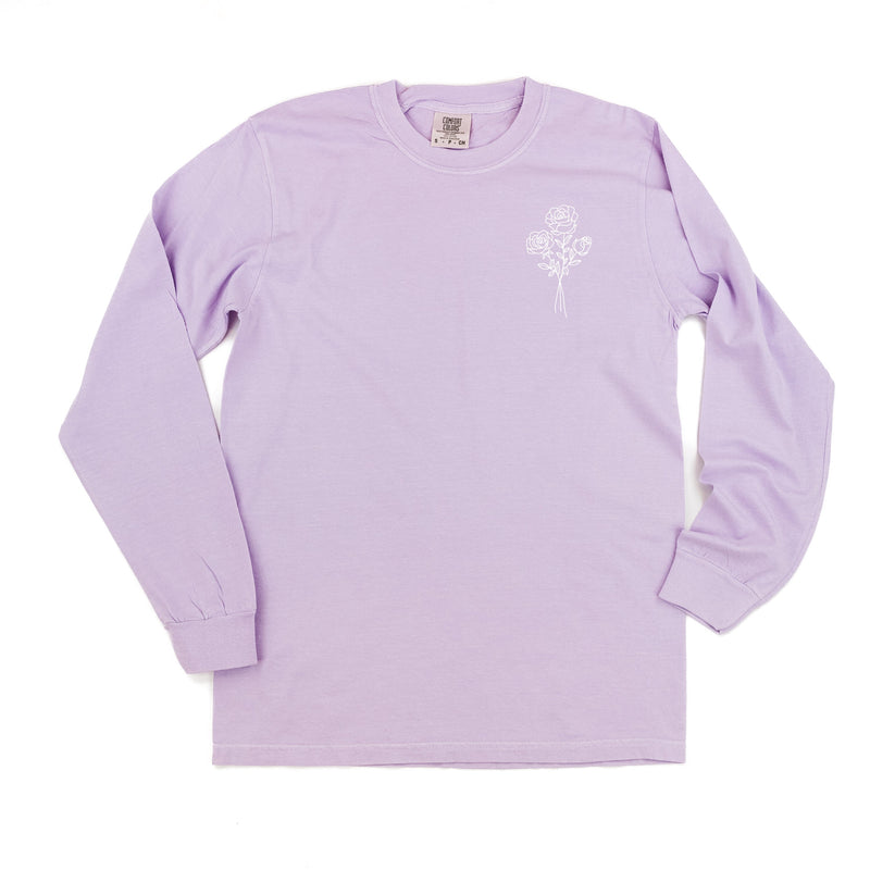 Embroidered LONG SLEEVE Comfort Colors Tee - 1 Birth Flower w/ White Thread (pocket)