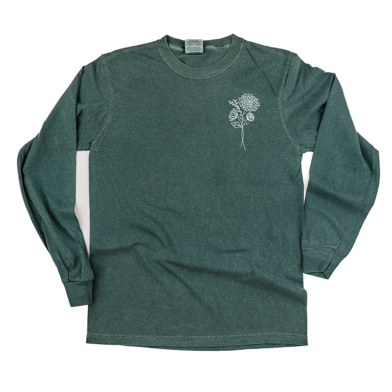Embroidered LONG SLEEVE Comfort Colors Tee - 1 Birth Flower w/ White Thread (pocket)