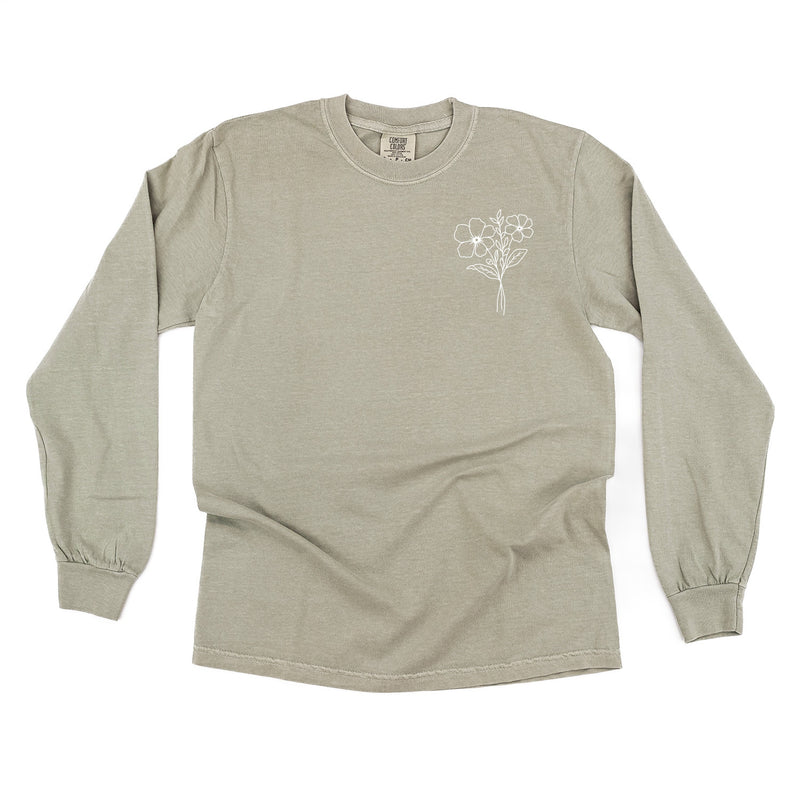 Embroidered LONG SLEEVE Comfort Colors Tee - 1 Birth Flower w/ White Thread (pocket)