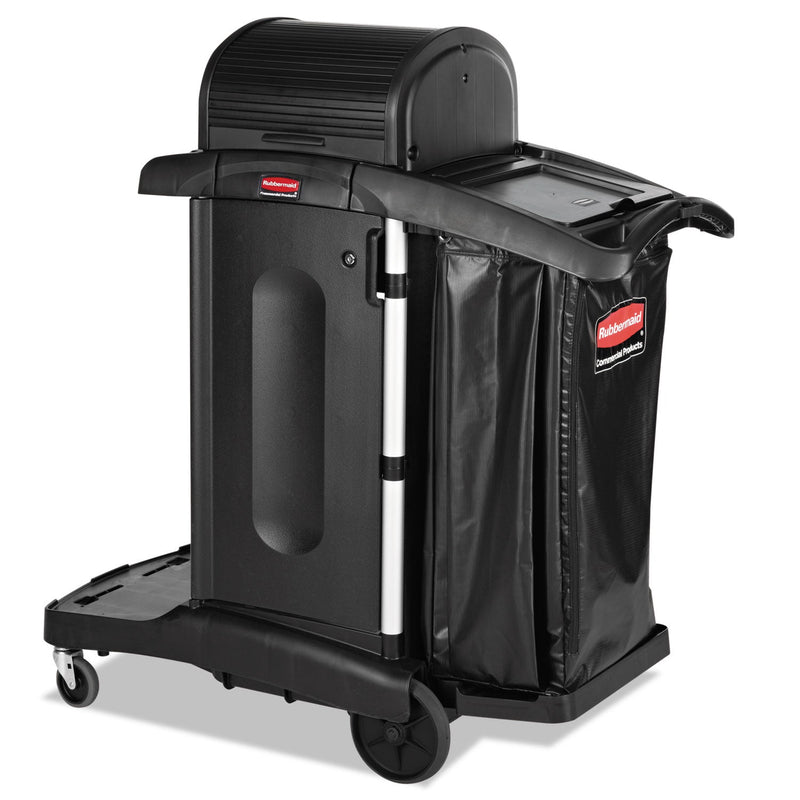 Rubbermaid Executive High Security Janitorial Cleaning Cart, Plastic, 4 Shelves, 1 Bin, 23.1" x 39.6" x 27.5", Black