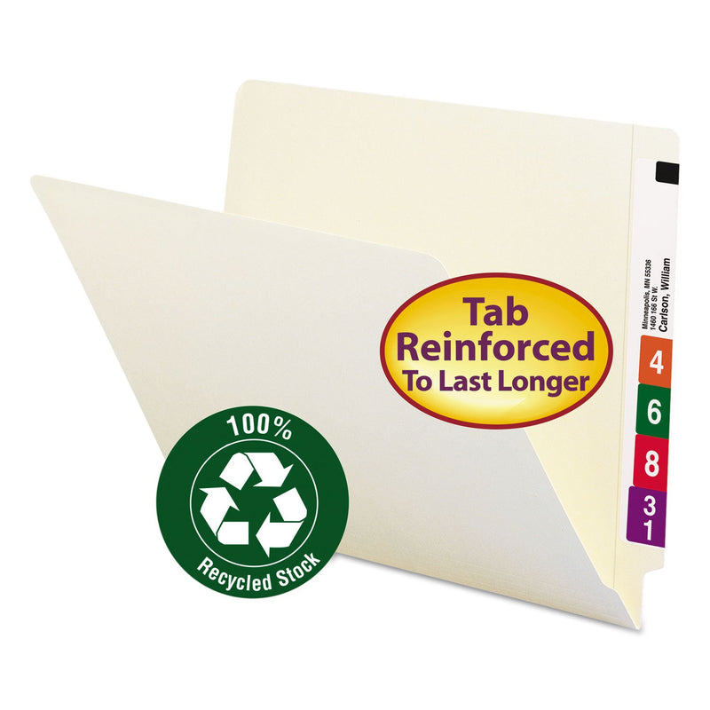 Smead 100% Recycled Manila End Tab Folders, Straight Tabs, Letter Size, 0.75" Expansion, Manila, 100/Box