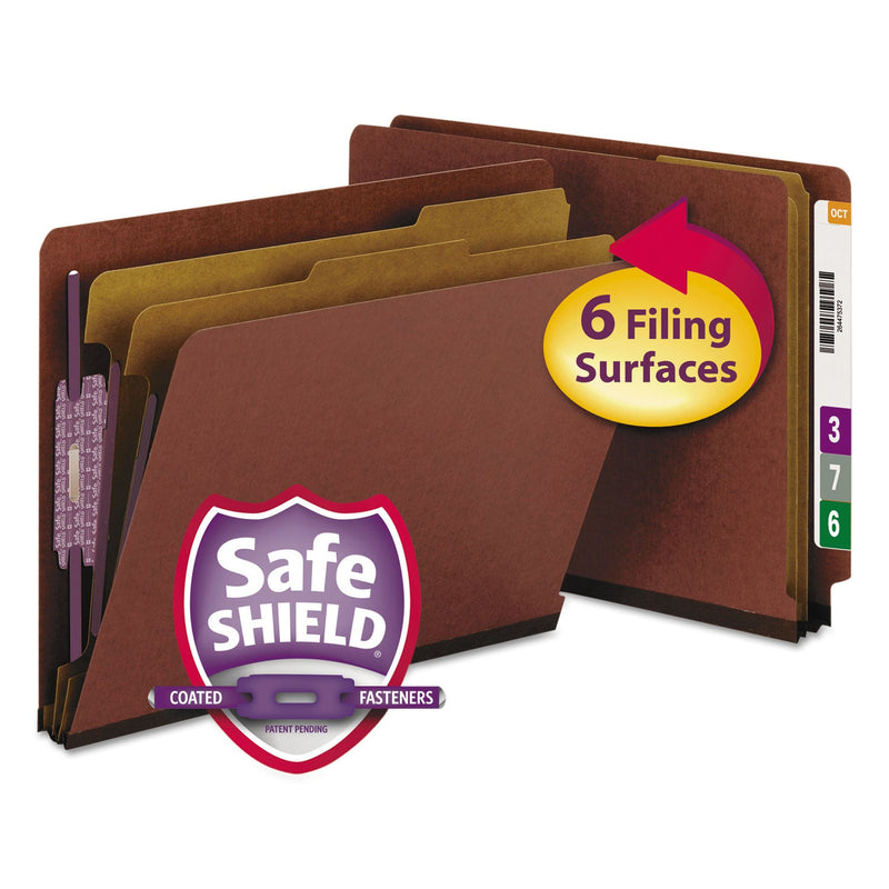 Smead End Tab Pressboard Classification Folders with SafeSHIELD Coated Fasteners, 2 Dividers, Letter Size, Red, 10/Box