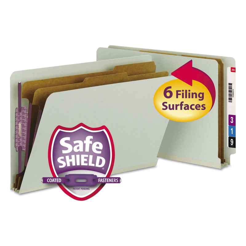 Smead End Tab Pressboard Classification Folders with SafeSHIELD Coated Fasteners, 2 Dividers, Legal Size, Gray-Green, 10/Box