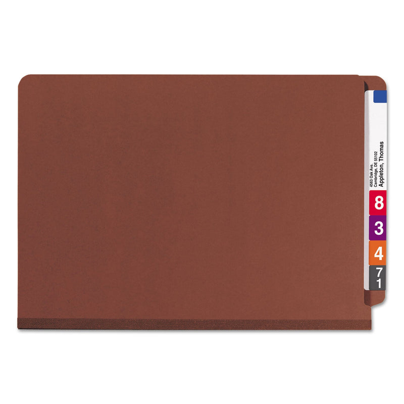 Smead End Tab Pressboard Classification Folders with SafeSHIELD Coated Fasteners, 2 Dividers, Legal Size, Red, 10/Box