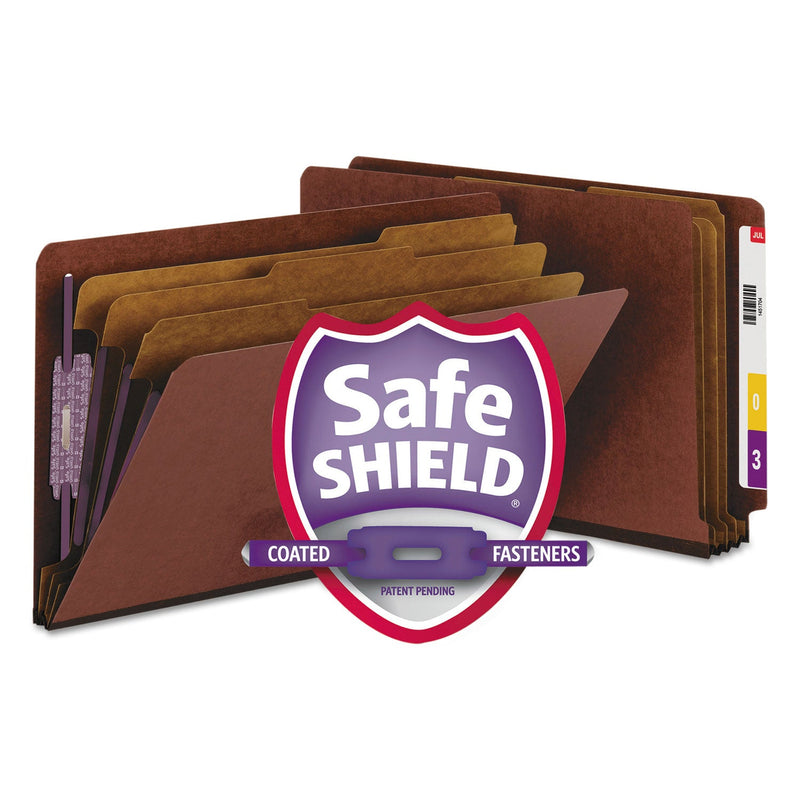 Smead End Tab Pressboard Classification Folders with SafeSHIELD Coated Fasteners, 3 Dividers, Legal Size, Red, 10/Box