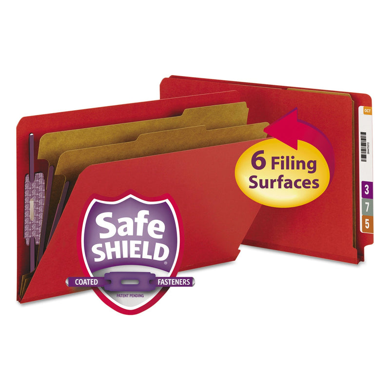 Smead End Tab Pressboard Classification Folders with SafeSHIELD Fasteners, 2 Dividers, Legal Size, Bright Red, 10/Box