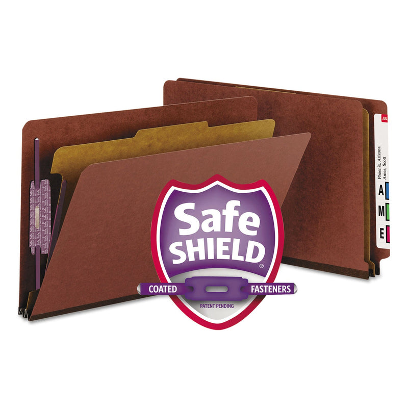 Smead End Tab Pressboard Classification Folders with SafeSHIELD Coated Fasteners, 1 Divider, Legal Size, Red, 10/Box