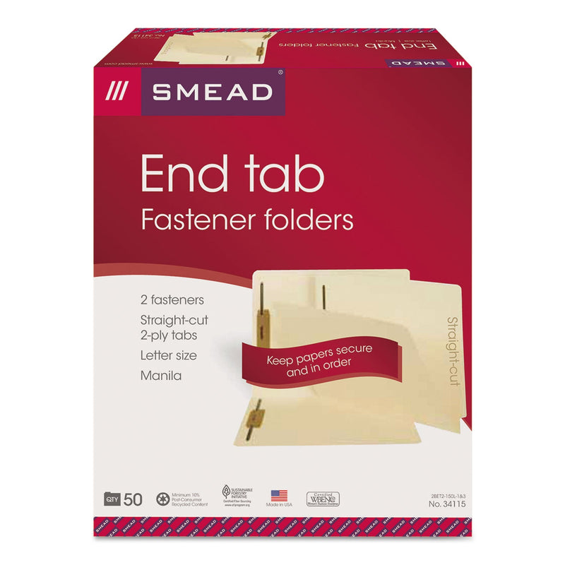 Smead Manila End Tab Fastener Folders with Reinforced Tabs, 11-pt Manila, 2 Fasteners, Letter Size, Manila Exterior, 50/Box