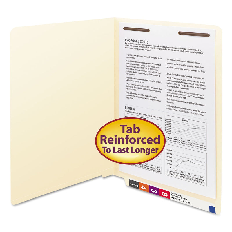 Smead Manila End Tab Fastener Folders with Reinforced Tabs, 11-pt Stock, 1 Fastener, Letter Size, Manila Exterior, 50/Box