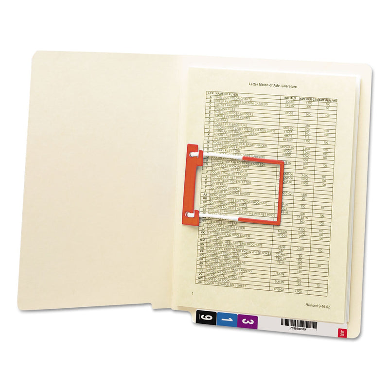 Smead Heavyweight Manila Reinforced End Tab U-Clip Fastener Folders, 1 Fastener, Letter Size, Manila Exterior, 50/Box