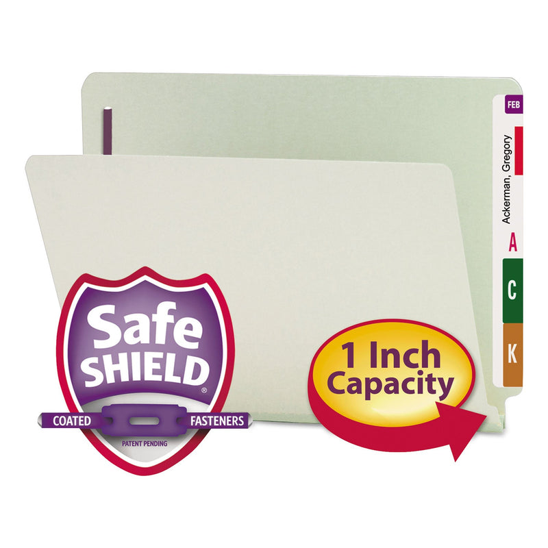 Smead End Tab Pressboard Classification Folders with Two SafeSHIELD Coated Fasteners, 1" Expansion, Letter Size, Gray-Green, 25/Box