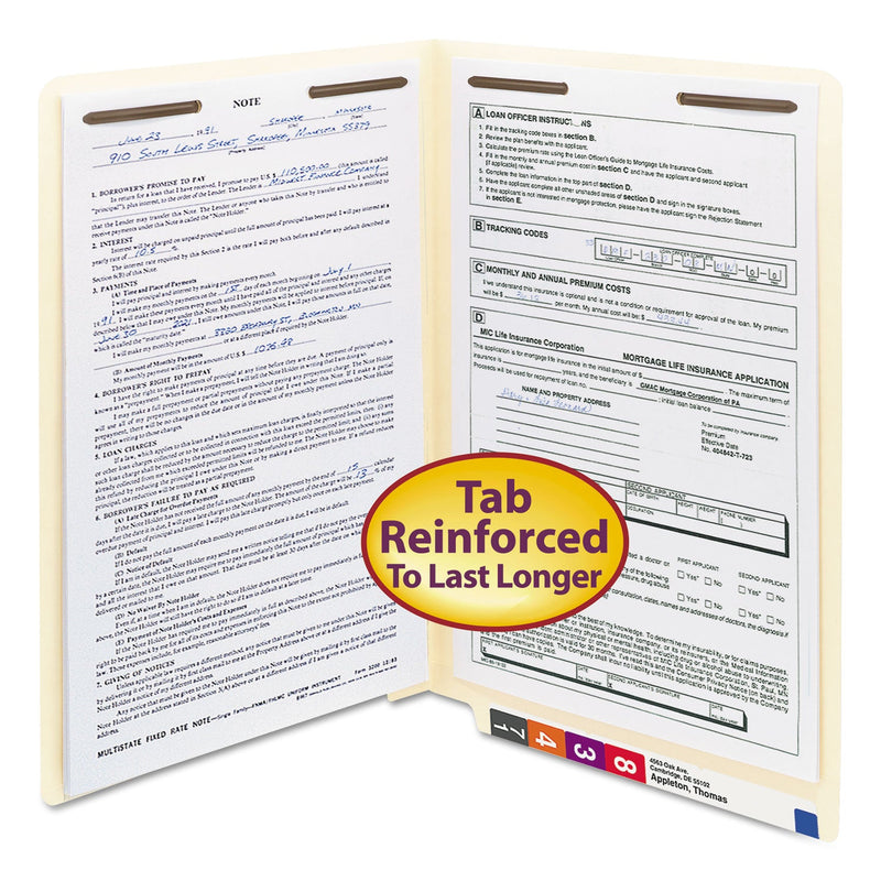 Smead Manila End Tab Fastener Folders with Reinforced Tabs, 11-pt Stock, 2 Fasteners, Legal Size, Manila Exterior, 50/Box