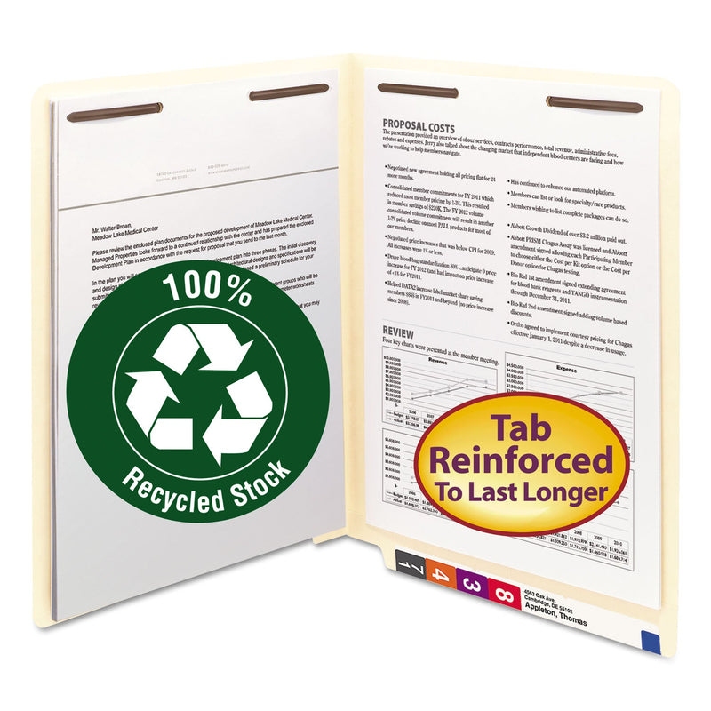 Smead 100% Recycled Manila End Tab Fastener Folders, 2 Fasteners, Letter Size, Manila Exterior, 50/Box