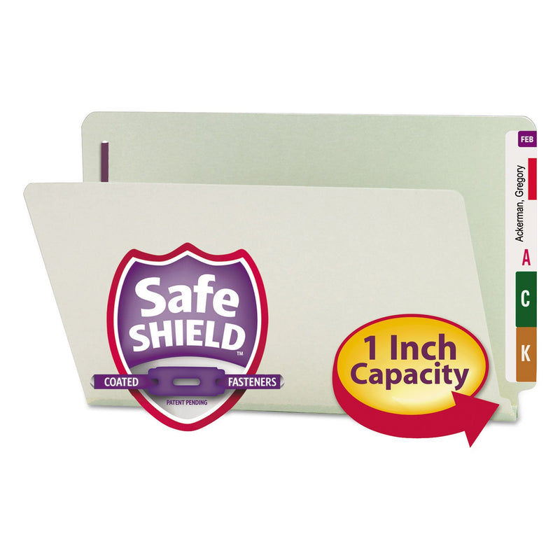 Smead End Tab Pressboard Classification Folders with Two SafeSHIELD Coated Fasteners, 1" Expansion, Legal Size, Gray-Green, 25/Box