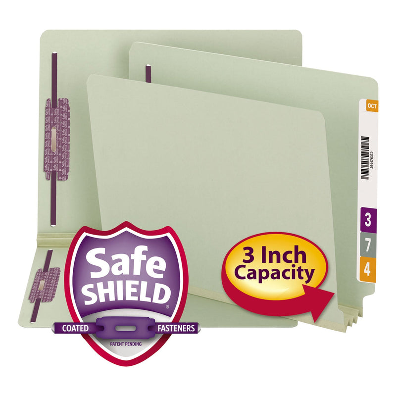 Smead End Tab Pressboard Classification Folders with Two SafeSHIELD Coated Fasteners, 3" Expansion, Letter Size, Gray-Green, 25/Box