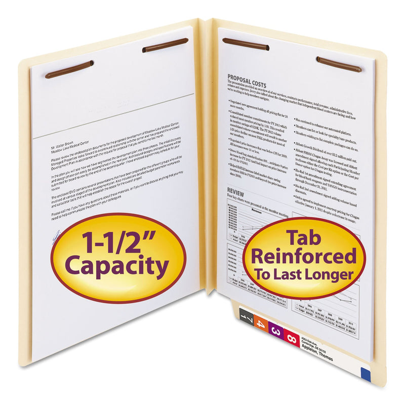 Smead Manila End Tab W-Fold Fastener Folders with Reinforced Tabs, 14-pt Stock, 2 Fasteners, Letter Size, Manila Exterior, 50/Box