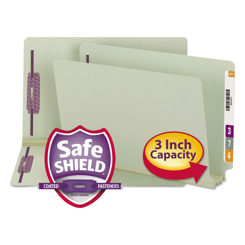 Smead End Tab Pressboard Classification Folders with Two SafeSHIELD Coated Fasteners, 3" Expansion, Legal Size, Gray-Green, 25/Box