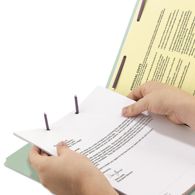 Smead End Tab Pressboard Classification Folders with Two SafeSHIELD Coated Fasteners, 2" Expansion, Legal Size, Gray-Green, 25/Box