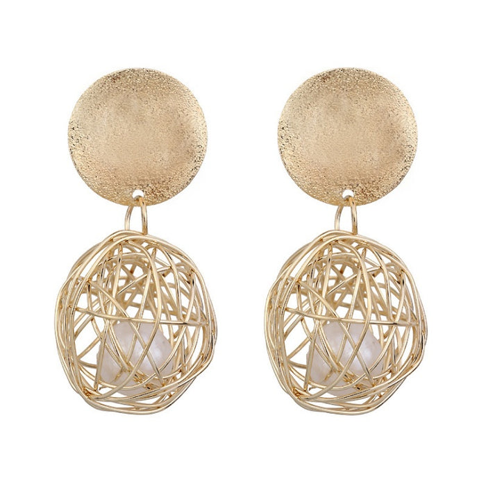 Vintage Geometric Earrings Simple Woven Ball Pearl Stud Earrings