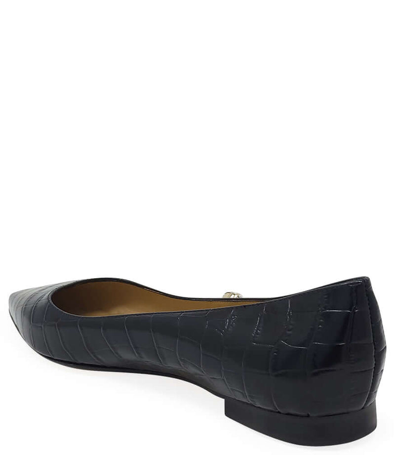 Black Leather Croc Print Flat Pointy Ballet