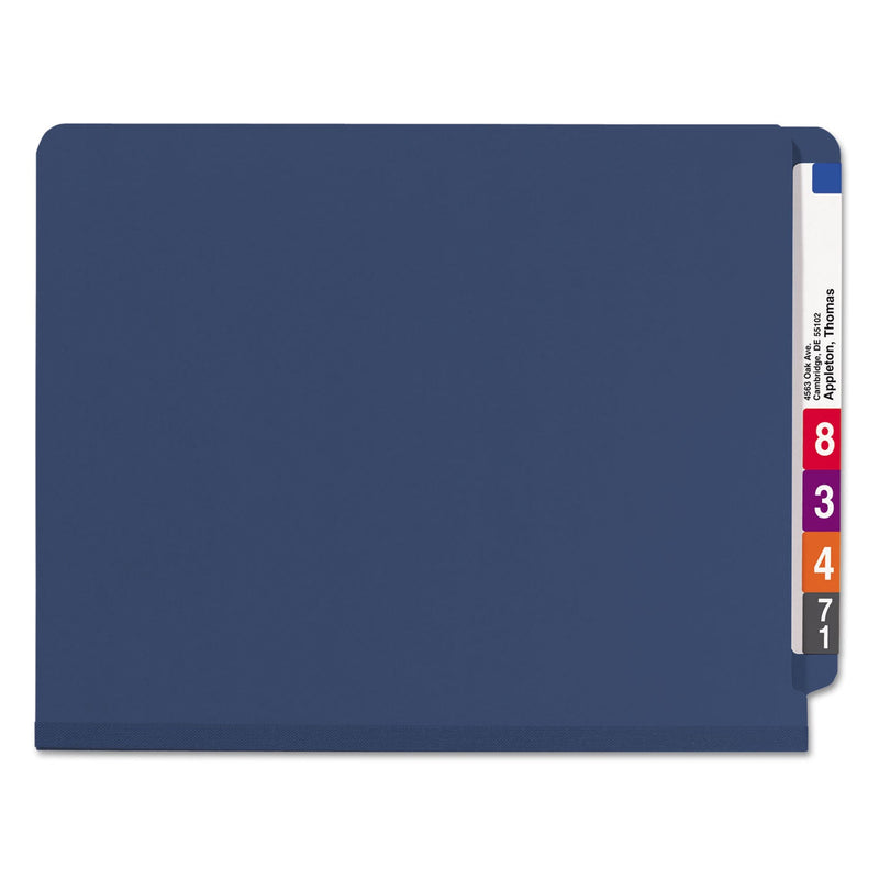 Smead End Tab Pressboard Classification Folders with SafeSHIELD Fasteners, 2 Dividers, Letter Size, Dark Blue, 10/Box