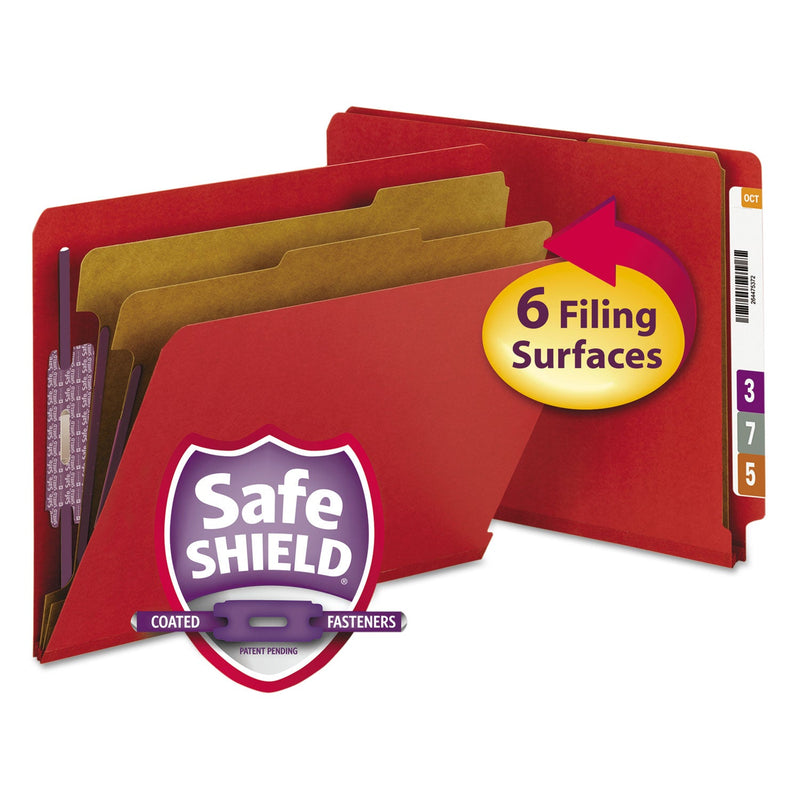 Smead End Tab Pressboard Classification Folders with SafeSHIELD Fasteners, 2 Dividers, Letter Size, Bright Red, 10/Box