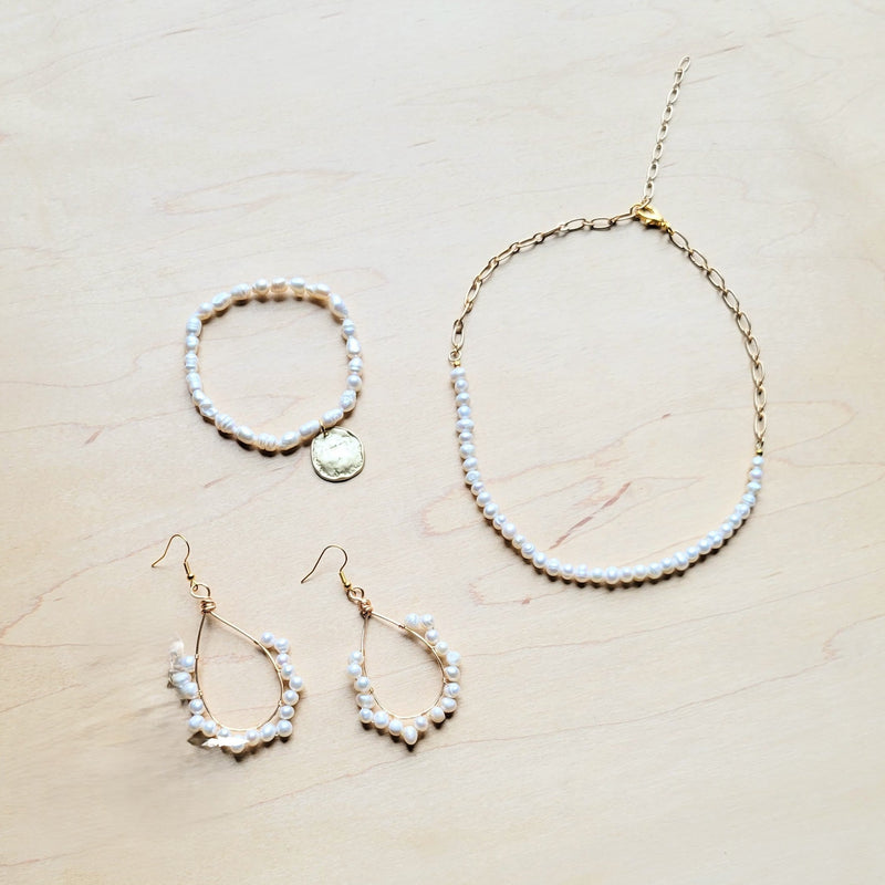 Wire Wrapped Freshwater Pearl Beaded Hoop Earrings 218y