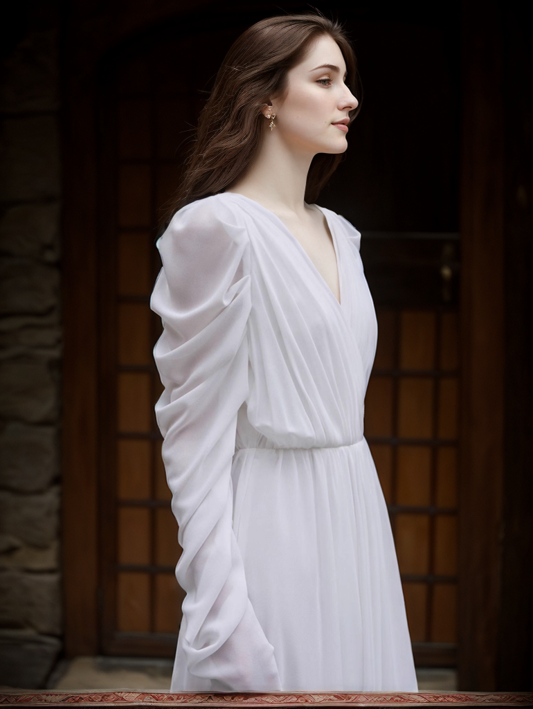 Timeless Chiffon Long Sleeve Wedding Gown with Draped Sleeves and Deep V Back