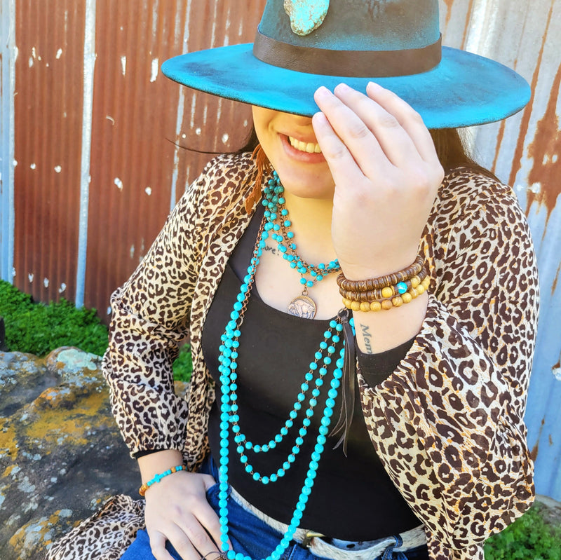 Double Strand Blue Turquoise Beaded Necklace, Leather Tassel 252d