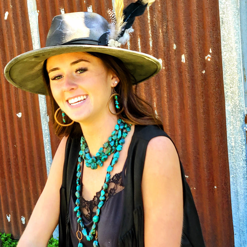 Copper Hoop Earrings in Natural Turquoise and Wood 201q