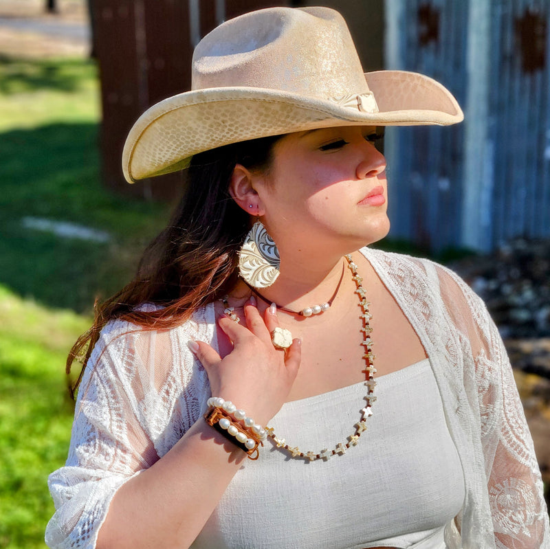 Leather Teardrop Earring-Sandy White Floral 224x